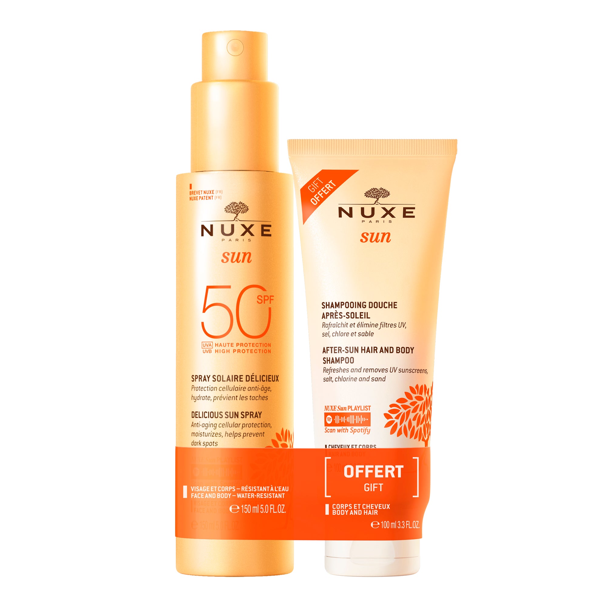 Duo Spray Solaire Délicieux Haute Protection SPF50 visage et corps et Shampooing Douche après-soleil 100ml offert