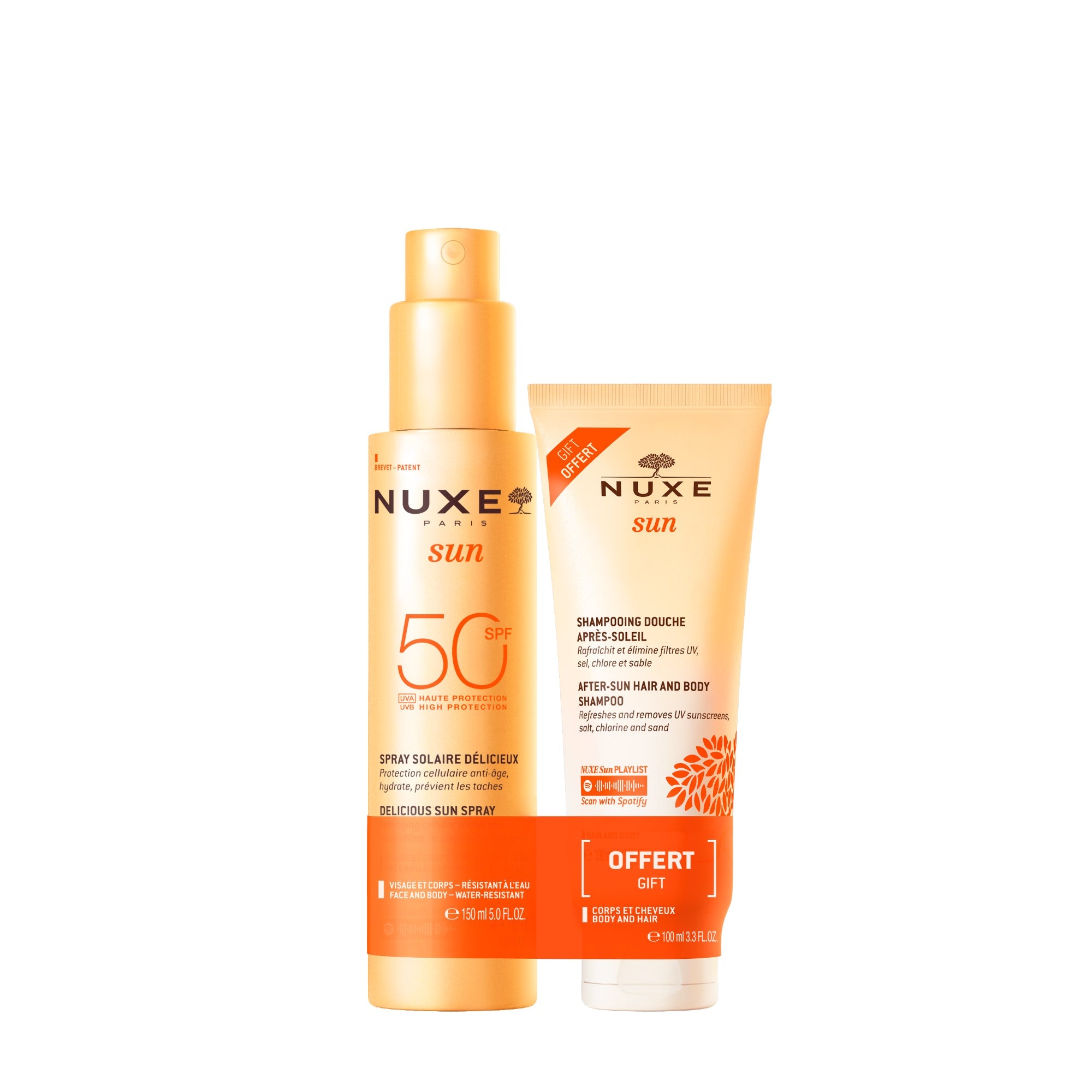 Duo Spray Solaire Délicieux Haute Protection SPF50 Visage et Corps et Shampooing Douche Après-Soleil 100ml Offert - NUXE